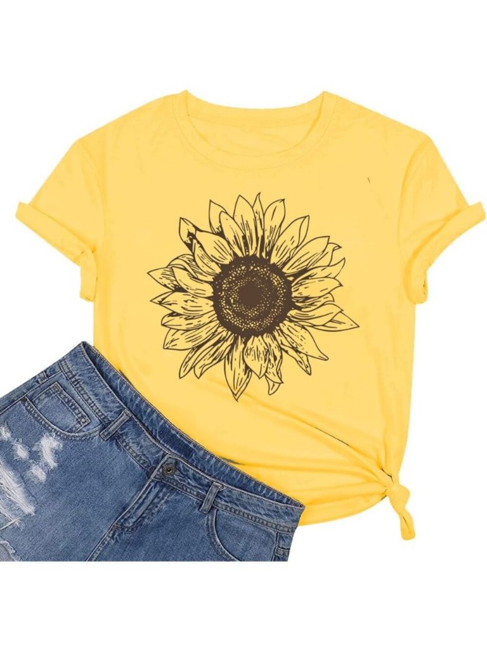 Women's Yellow Short Sleeve Crew Neck Sunflower Graphic Vintage Tee Shirts Tops